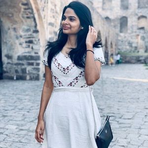 Code dress with embroidered